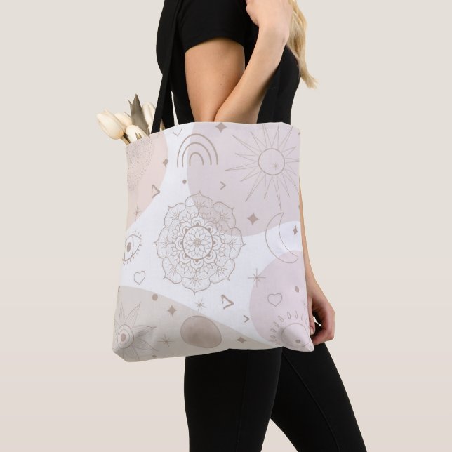 Boho Neutral Space Doodles Aesthetic Design Tote Bag (Close Up)