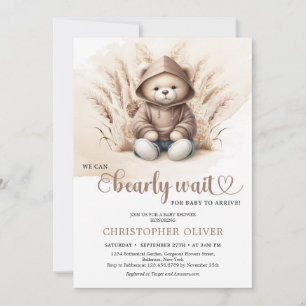 Boho Neutral teddy bear sweatshirt pampas grass Invitation