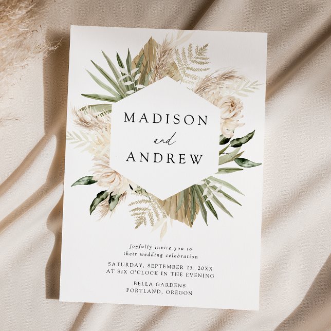 Boho Neutral Tropical Flowers Wedding Invitation (Creator Uploaded)
