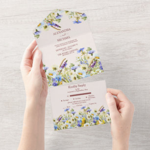 Boho Neutral Watercolor Wildflower Wedding All In One Invitation