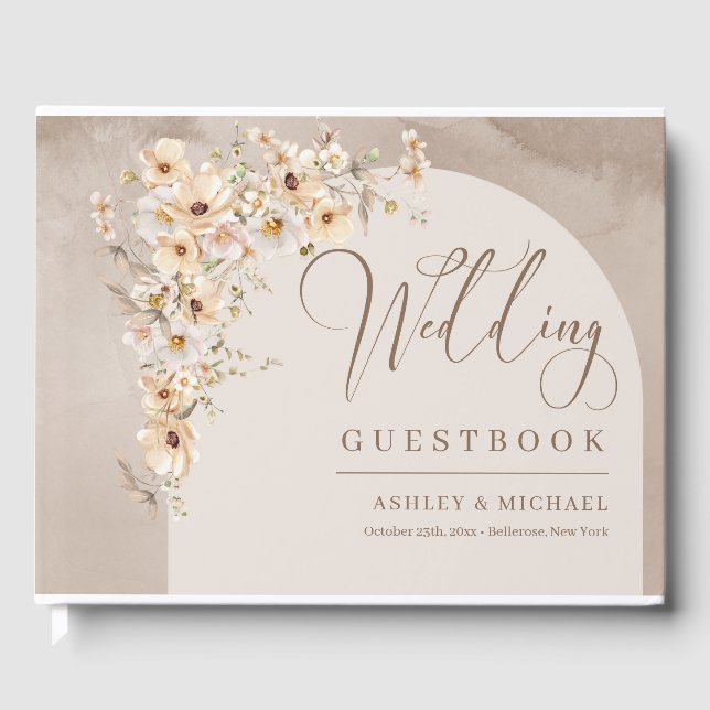 Boho neutral Wildflowers Ivory Arch Frame wedding Guest Book (Front)