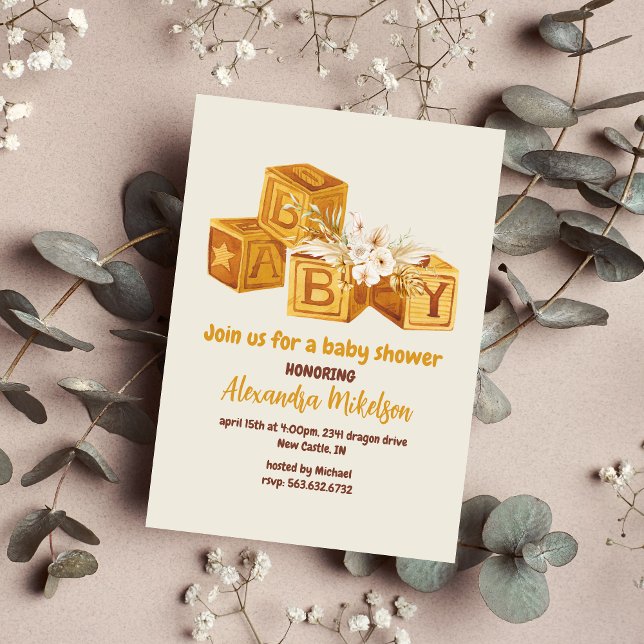 Boho Neutral Wood Block Letters Baby Shower Invitation (Creator Uploaded)