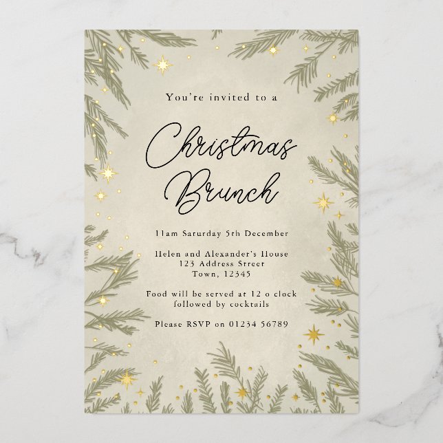 Boho neutre Noël Brunch Foil Invitation (Recto)