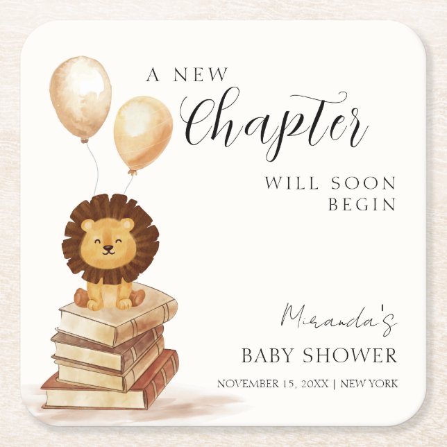Boho New Chapter Wild Lion Balloon Baby Shower  Square Paper Coaster (Front)