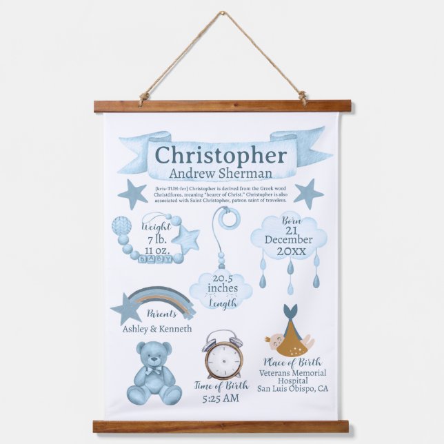 BOHO Newborn Birth Stats Baby Boy Blue Custom Hanging Tapestry (Front)