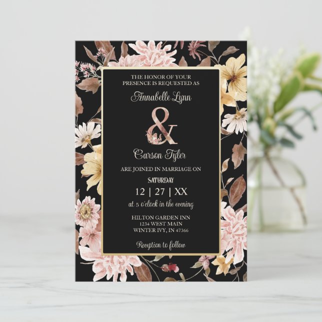 Boho noir fleurit et Faire-part de mariage d'oisea (Debout devant)