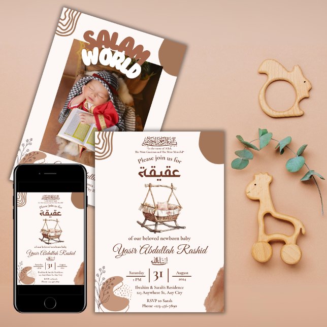 Boho Nursery Baby Boy Muslim Newborn Aqiqah Aqeeqa Invitation (Creator Uploaded)