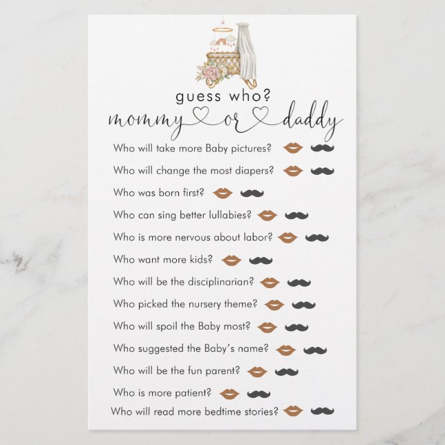 Boho Nursery Baby Shower Guess Who Game (Front)