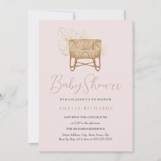 Boho Nursery Bassinet Pink Baby Shower Invitation (Front)