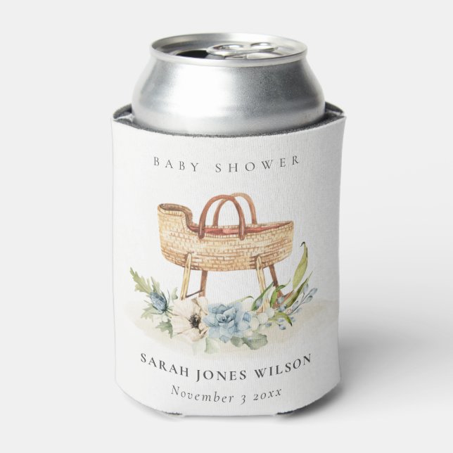 Boho Nursery Blue Floral Bassinet Baby Shower Can Cooler (Can Front)