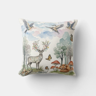 Boho Nursery Decor Deer and Fox Forest Scene Throw Pillow
