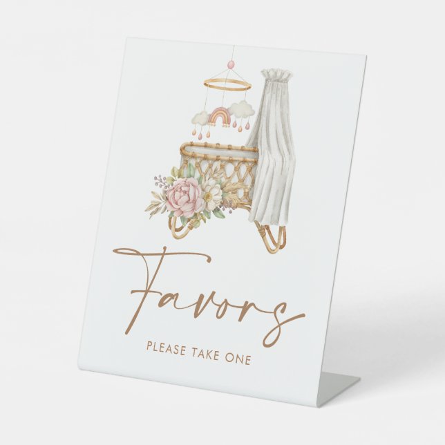 Boho Nursery Floral Bassinet Baby Shower Favours Pedestal Sign (Front)