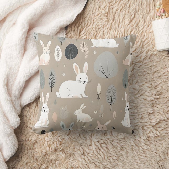 Boho Nursery Minimalist Bunny Rabbits Brown Throw Pillow (Blanket)