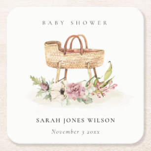 Boho Nursery Pink Floral Bassinet Baby Shower Square Paper Coaster
