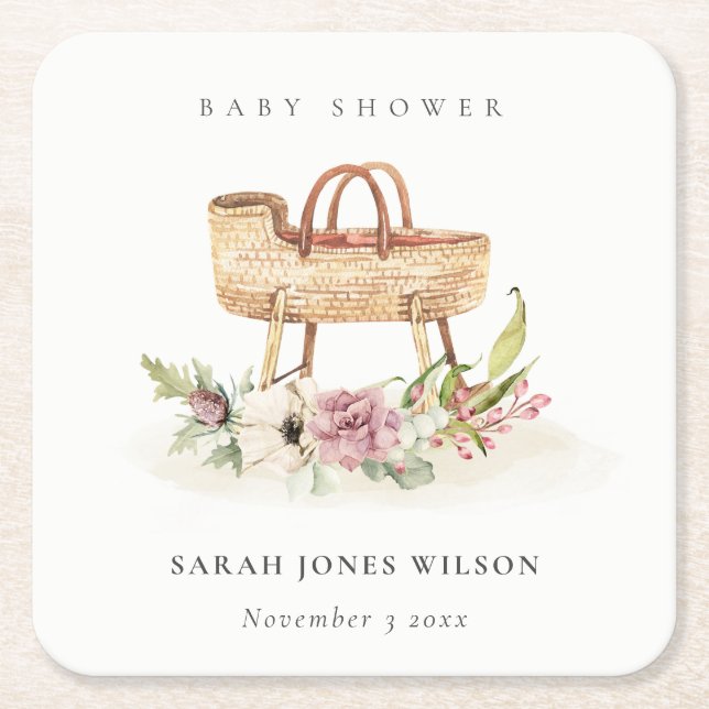 Boho Nursery Pink Floral Bassinet Baby Shower Square Paper Coaster (Front)