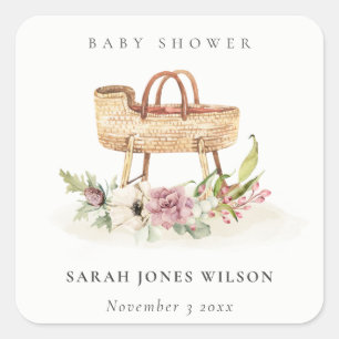 Boho Nursery Pink Floral Bassinet Baby Shower Square Sticker