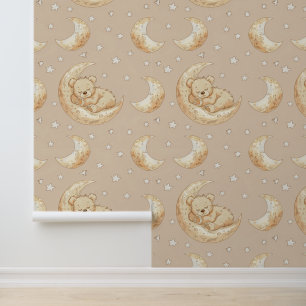 Boho Nursery Teddy Bear Sleeping on the Moon Wallpaper