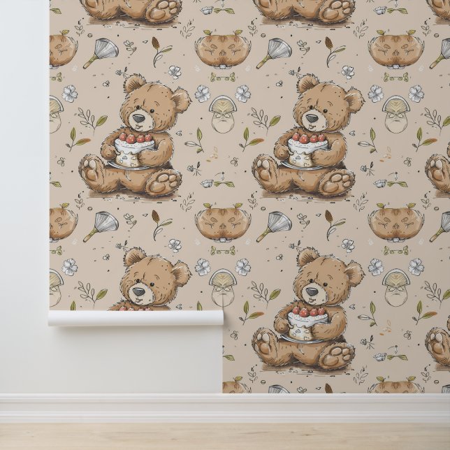 Boho Nursery Teddy Bear with Cake Wallpaper (Application)
