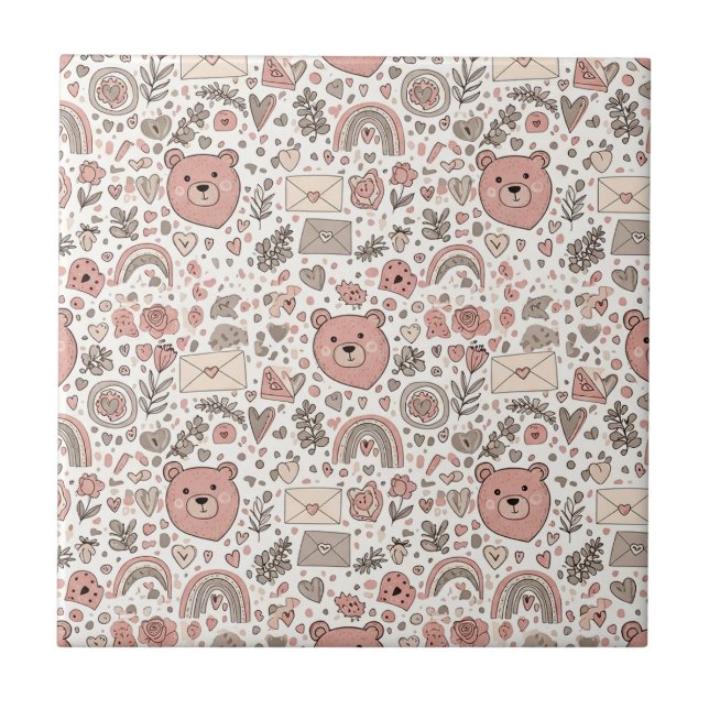 Boho Nursery Teddy Bears with Rainbows -Earthy (4) Tile (Front)