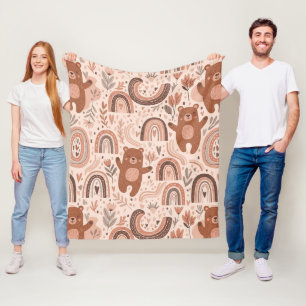 Boho Nursery Teddy Bears with Rainbows -Earthy (5) Fleece Blanket