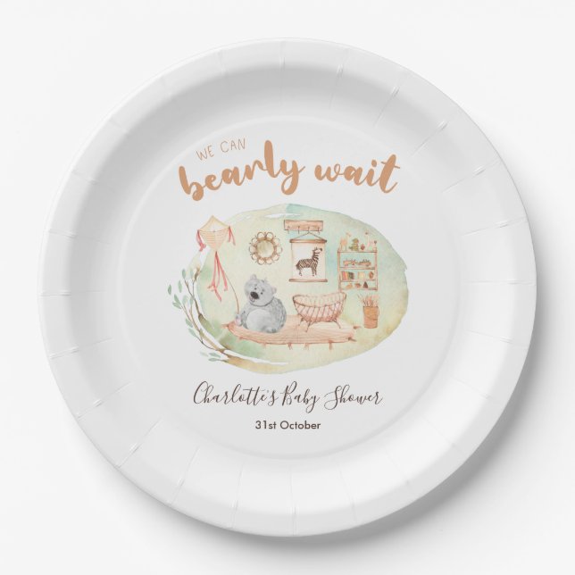 Boho Nursery We Can Bearly Wait Baby Shower Paper  Plate (Front)