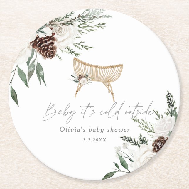 Boho nursery winter evergreen baby shower round paper coaster (Front)