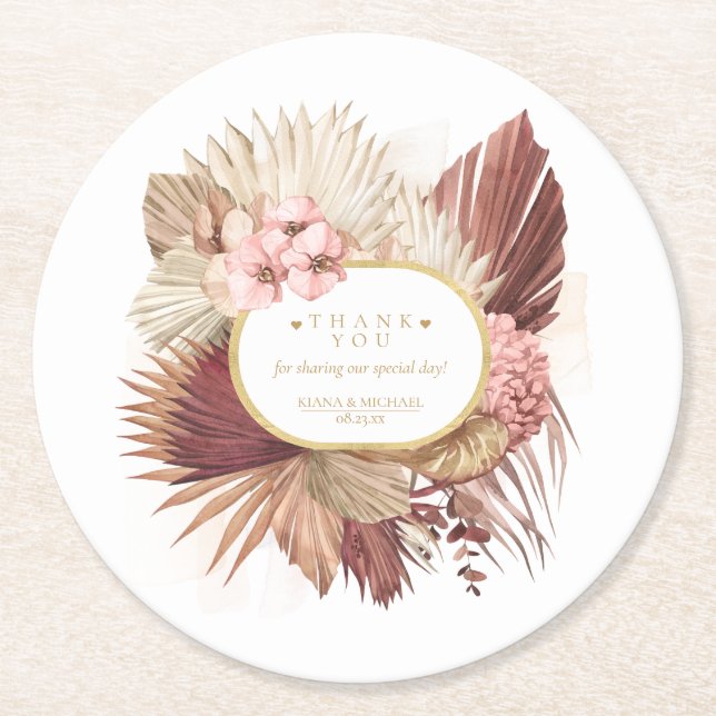Boho Oasis Wedding Floral Thank You V2 ID959 Round Paper Coaster (Front)