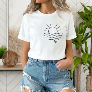 Boho Ocean Sun and Waves Minimalist Line Art Women T-Shirt