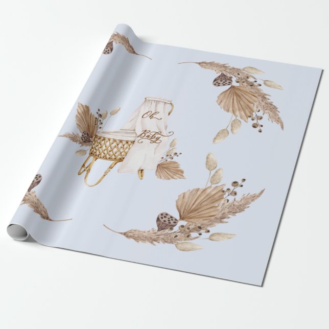 Boho Oh Baby Brown and Blue Bassinet  Wrapping Paper (Unrolled)