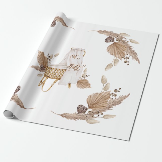 Boho Oh Baby Brown and White Bassinet  Wrapping Paper (Unrolled)