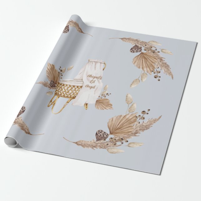 Boho Oh Baby Brown Blue Bassinet Personalized  Wrapping Paper (Unrolled)