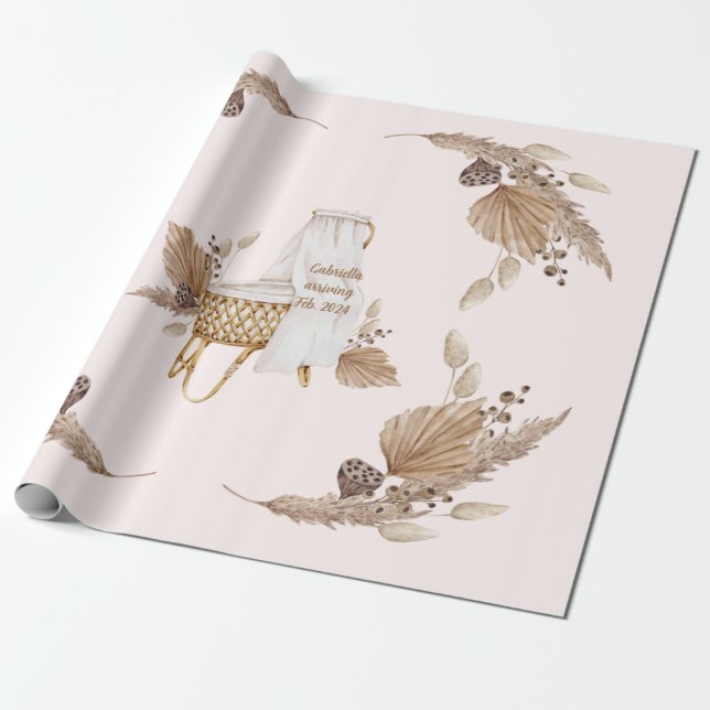 Boho Oh Baby Brown Pink Name Arriving Date Wrapping Paper (Unrolled)
