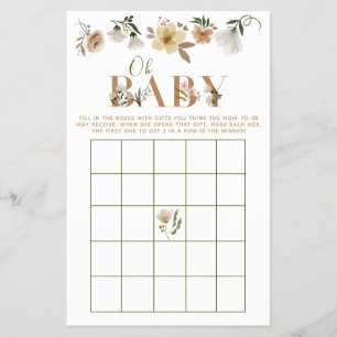Boho Oh Baby Floral Baby Shower Bingo Game Flyer