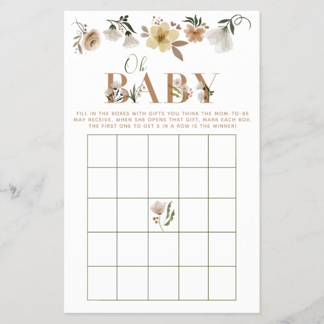 Boho Oh Baby Floral Baby Shower Bingo Game Flyer (Front)
