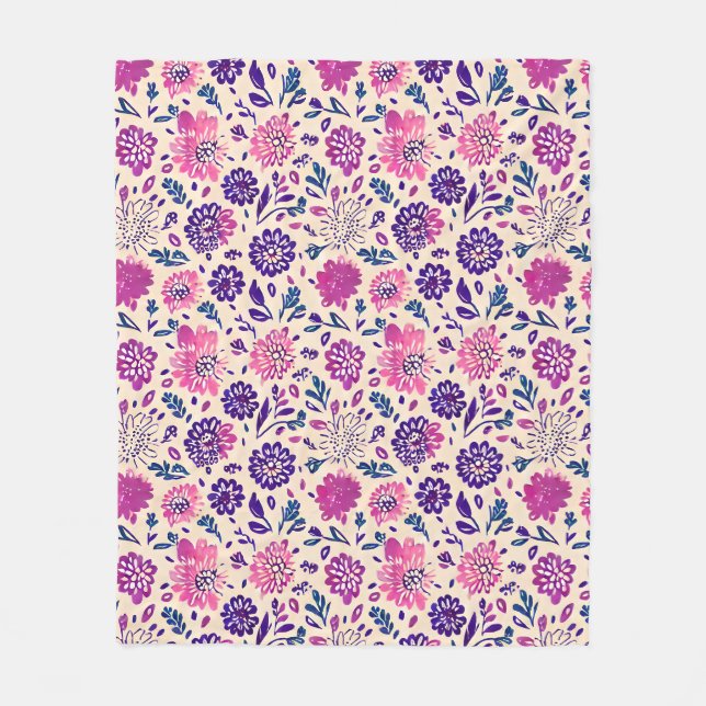 Boho Ombre Pink and Purple Floral Pattern Fleece Blanket (Front)