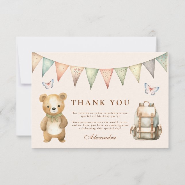 Boho One Happy Camper 1st Birthday Party  Thank You Card (Front)