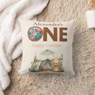 Boho One Happy Camper 1st Birthday Party Throw Pillow