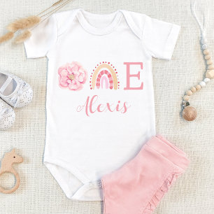 Boho one rainbow pink girl bodysuit first birthday