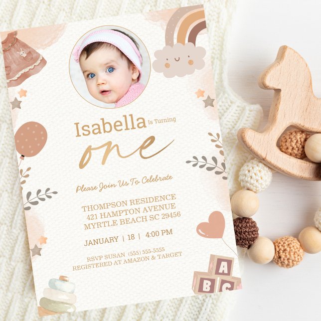 Boho One Year Girls Photo Birthday Party Invitation (Creator Uploaded)