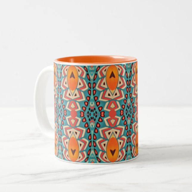 Boho Orange and turquoise Tribal Inspired  Two-Tone Coffee Mug (Front Left)