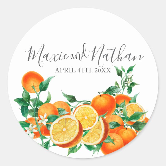 Boho Orange Blossom Wedding  Classic Round Sticker (Front)