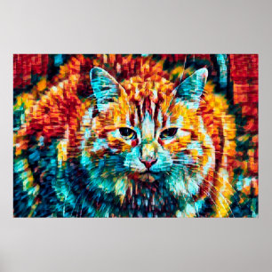 Boho Orange Blue Colourful Hippie Tabby Cat Poster