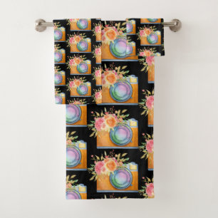 Boho Orange Camera & Fleurs Motif d'aquarelle