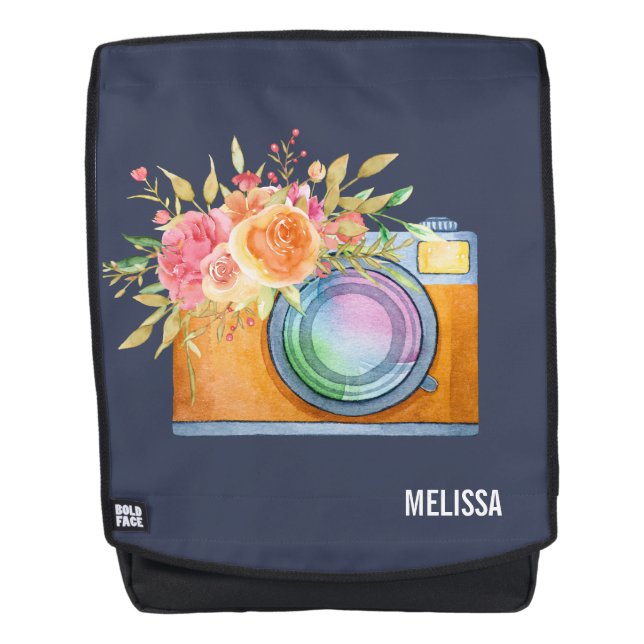 Boho Orange Camera & Floral Bouquet Watercolor Backpack (Front)