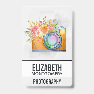 Boho Orange Camera & Floral Bouquet Watercolor Badge