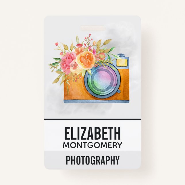 Boho Orange Camera & Floral Bouquet Watercolor Badge (Front)