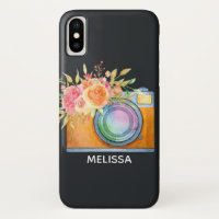 Boho Orange Camera & Floral Bouquet Watercolor