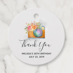 Boho Orange Camera & Floral Bouquet Watercolor Favour Tags