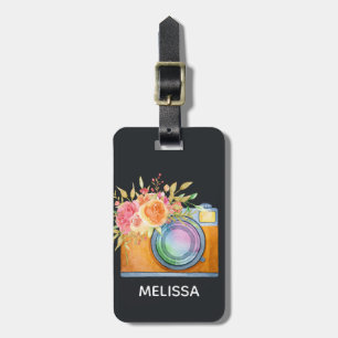 Boho Orange Camera & Floral Bouquet Watercolor Luggage Tag
