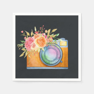 Boho Orange Camera & Floral Bouquet Watercolor Napkin